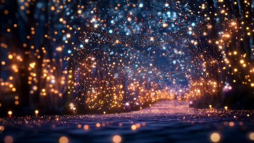 Enchanted forest path under glowing lantern bokeh canopy.