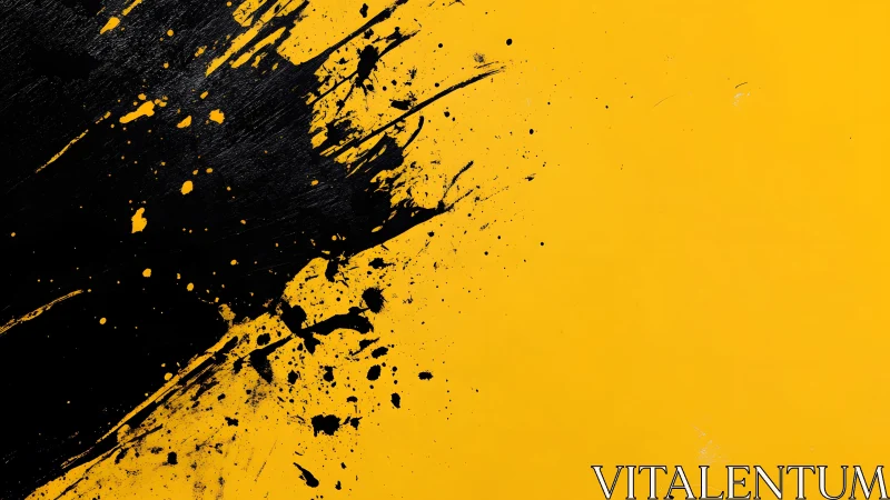 Bold black paint splash on vibrant yellow background, abstract style.