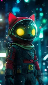 Stargazing space cat adventurer in a neon city nightscape.