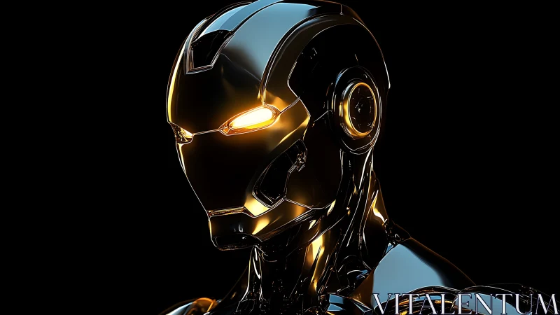Highly reflective humanoid combat android with gold emissive visor