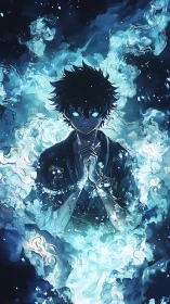 Blue-illuminated anime sorcerer channels turbulent ethereal water