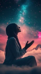 Woman in prayer sits on clouds under glowing cosmic sky