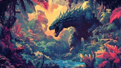 Colossal jungle beast emerges over luminous tropical lagoon.