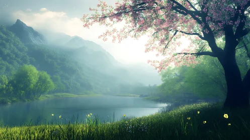 Serene misty lake beneath blooming cherry tree at sunrise.