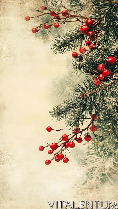 Festive pine and red berries frame a vintage winter scene