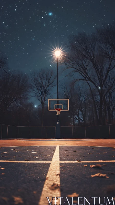 Starlit playground court crowned by a lone glowing hoop.