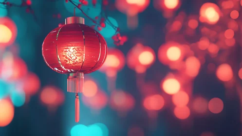 Lantern of midnight wishes glowing in teal festival haze.