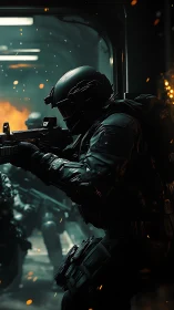 Heavily armed tactical unit advancing through corridor.