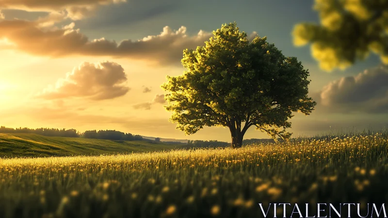 Solitary deciduous tree in sunlit meadow under golden sky