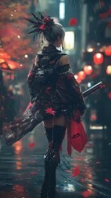 Samurai woman in red walking alone in rainy neon street.