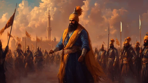 Sikh warrior commander leads armed soldiers before fortress.