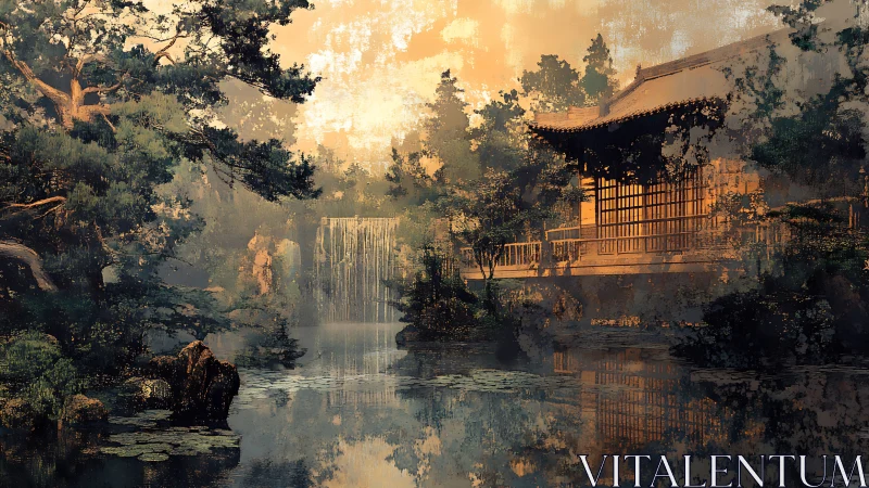 Sunlit pagoda listens to a misty forest waterfall’s hush.