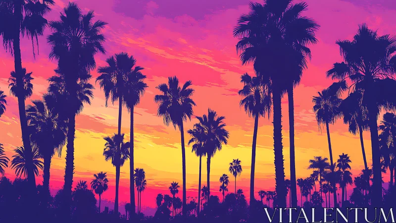 Palm tree silhouettes against gradient sunset sky panorama.