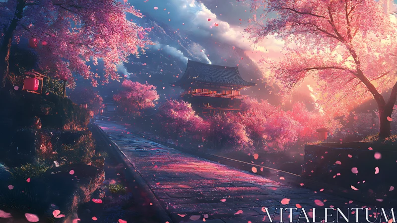 Temple on stone path amid dense cherry blossoms at dusk.