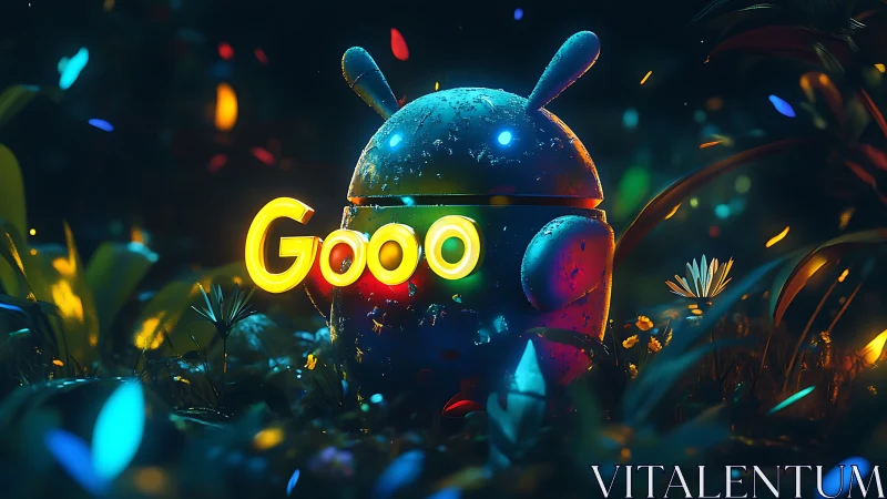 Glowing robot mascot illuminates a magical neon forest