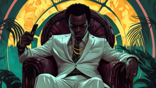 Man in white suit sits in armchair holding smartphone