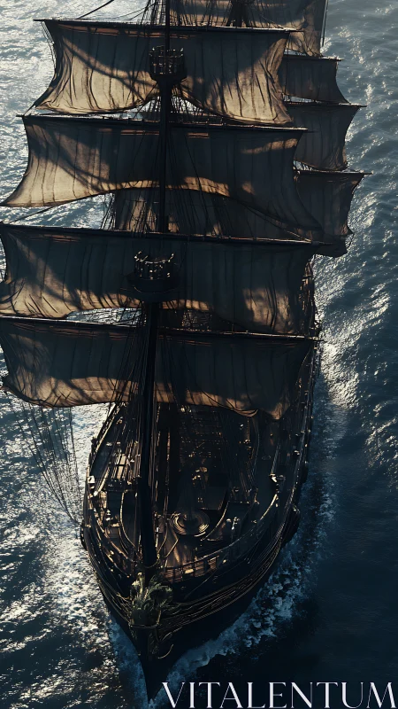 Tall ship under full sail on open ocean waters.
