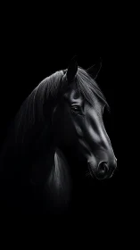 Black horse head in side profile on uniform dark background.
