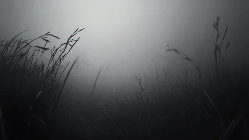 Foggy monochrome grassland with soft backlit horizon.