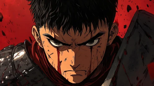 Battle-worn anime swordsman rendered with dynamic cel-shaded lighting