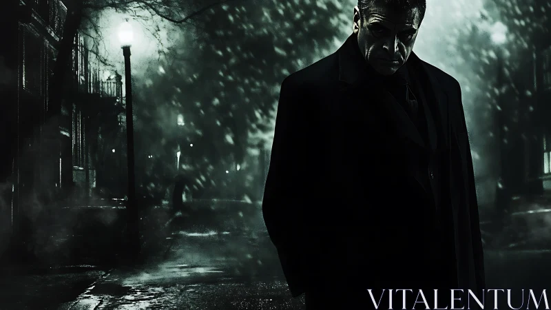 Brooding man in dark overcoat on eerie city street at night.