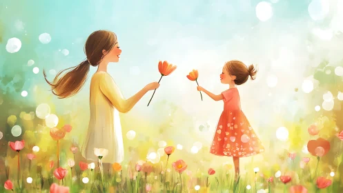 Woman and child exchanging flowers in meadow.