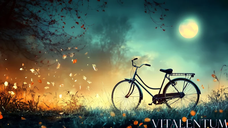 Bicycle in Moonlit Field with Floating Autumn Leaves
