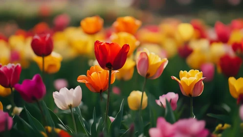 Tulip field garden with red, yellow, orange, and pink blooms in focus.