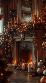 Ornate fireplace with warm golden Christmas decor.