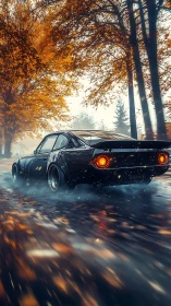 Classic sports car speeding through wet autumn forest road.