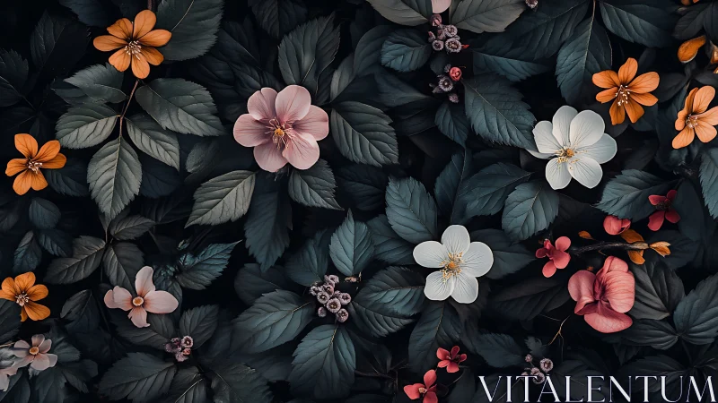 Jeweled Garden: Blooms Dance Through Shadowed Emerald Canvas