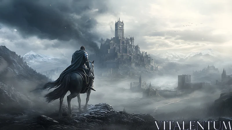 Solitary rider observing distant fortified mountain city.