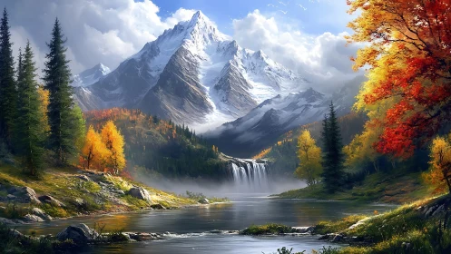 Autumn cascades beneath a silver-crowned mountain kingdom.
