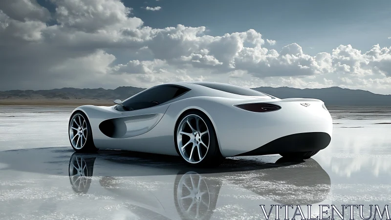 White concept sports car on reflective salt flat surface.
