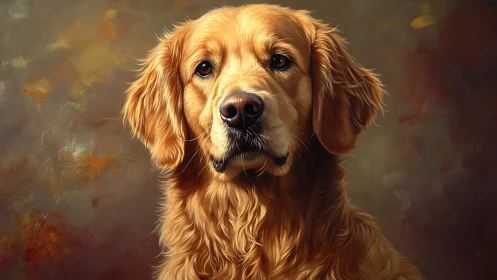 Digital painting portrait of golden retriever with soft bokeh backdrop.