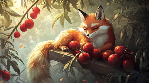 Red fox resting on wooden ledge among clustered red fruit.