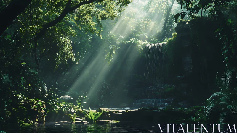 Tropical jungle waterfall with cathedral light rays through canopy.