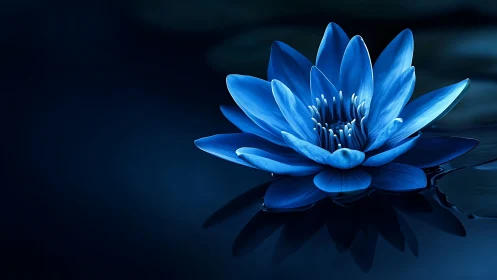 Blue lotus blossom resting on dark reflective water surface.