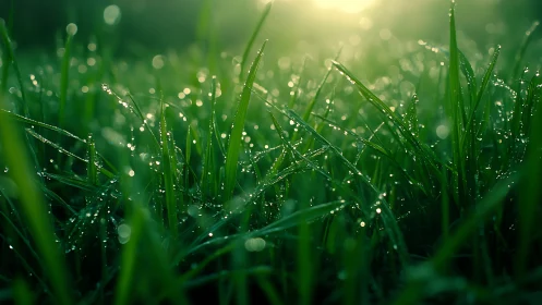 Macro depth-of-field study on dew-covered grass blades at dawn