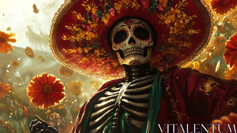 Calavera figure in marigold storm, D&iacute;a de Muertos regalia.