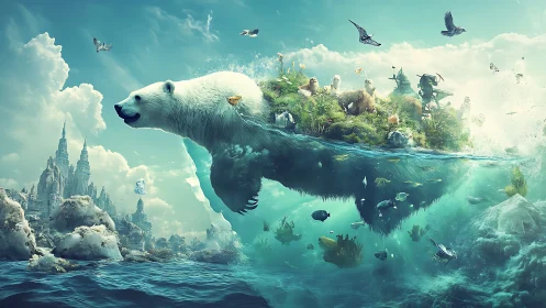 Surreal polar bear island carrying diverse wildlife afloat.