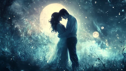 Silhouetted couple beneath luminous moon in nocturnal landscape.