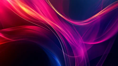 Curved neon light trails on dark gradient digital background.