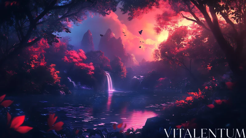 Bioluminescent forest lagoon at dusk with twin waterfalls