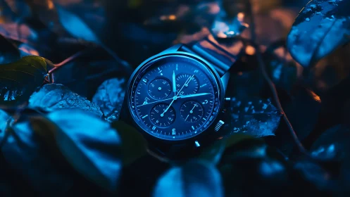 Blue chronograph wristwatch in cinematic bokeh foliage lighting