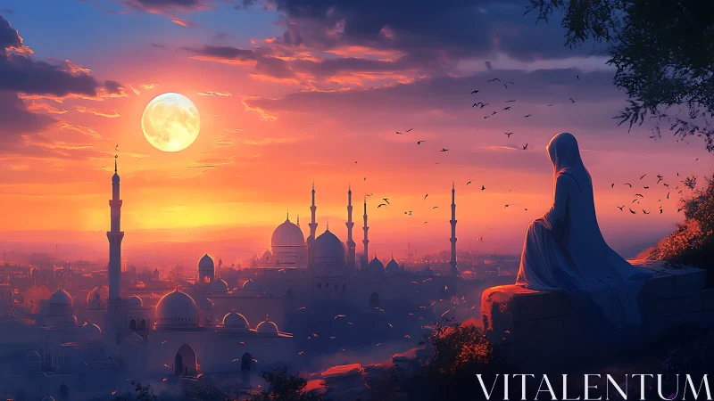 Veiled figure overlooks illuminated domed city at twilight