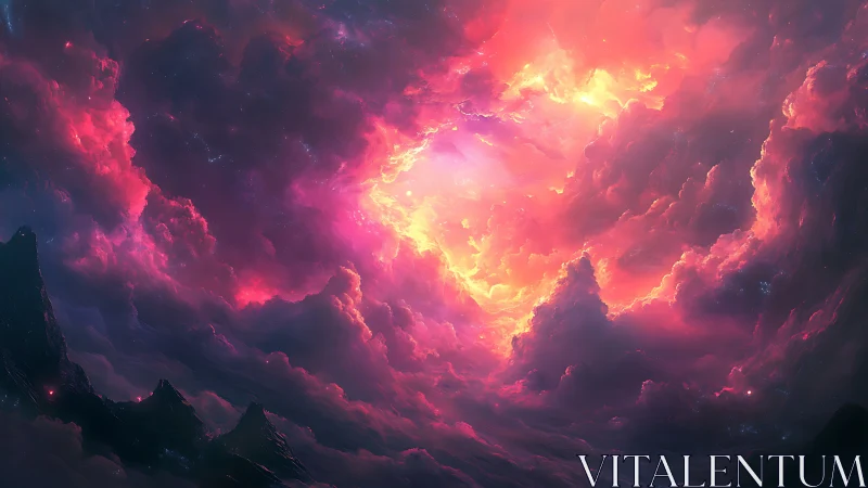 Vivid cosmic sky over dark mountains at glowing sunset.