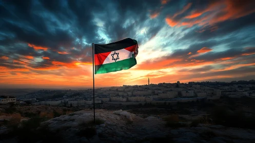 Symbolic hybrid flag flies above city at dramatic sunset.