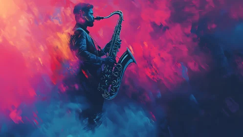Saxophonist emerges in neon clouds of swirling jazz sound.