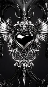 Ornate Skull-Heart Baroque Digital Sculpture in Monochrome